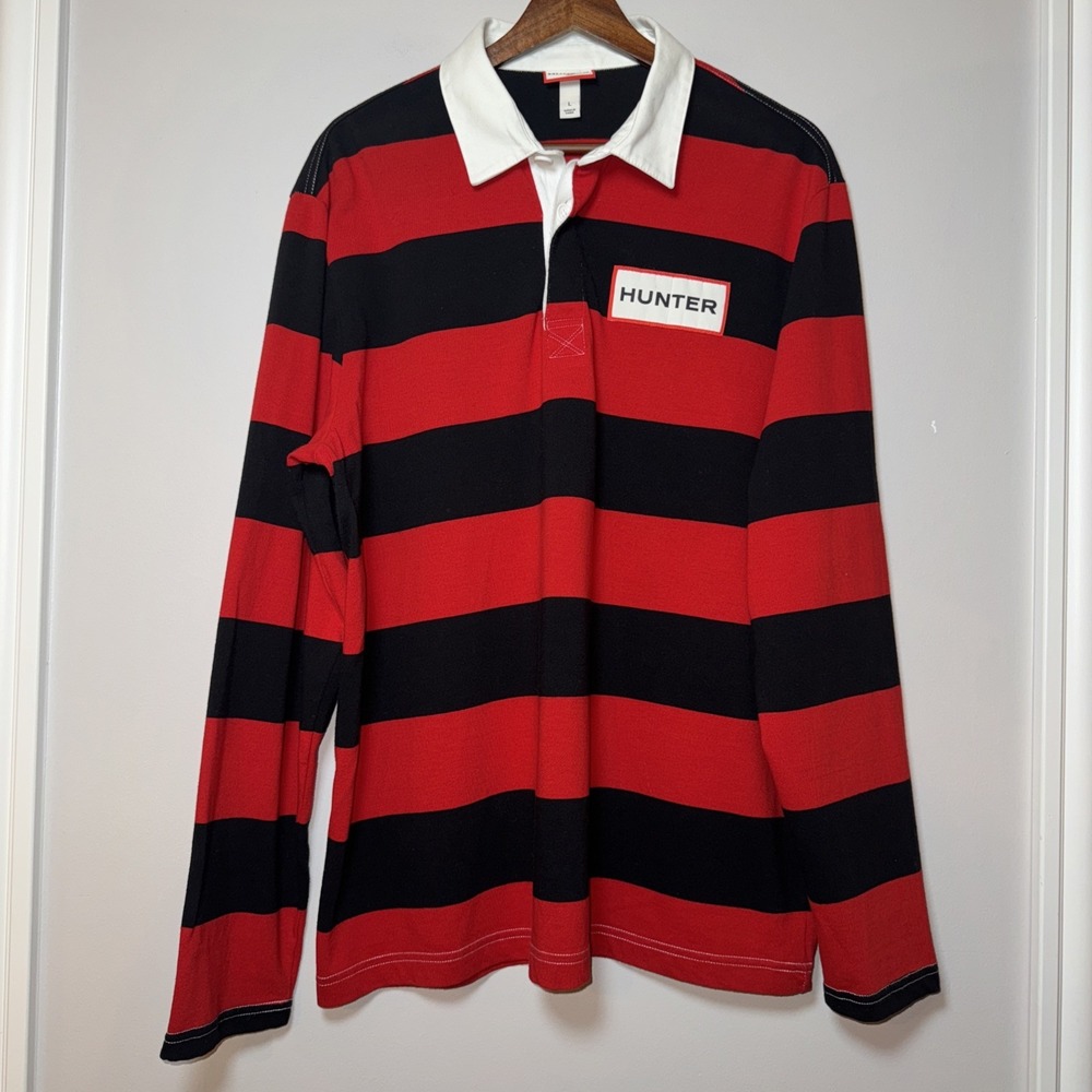 Target x Hunter Rugby Shirt Striped Red Black Men Large NWOT White Collar Polo‎